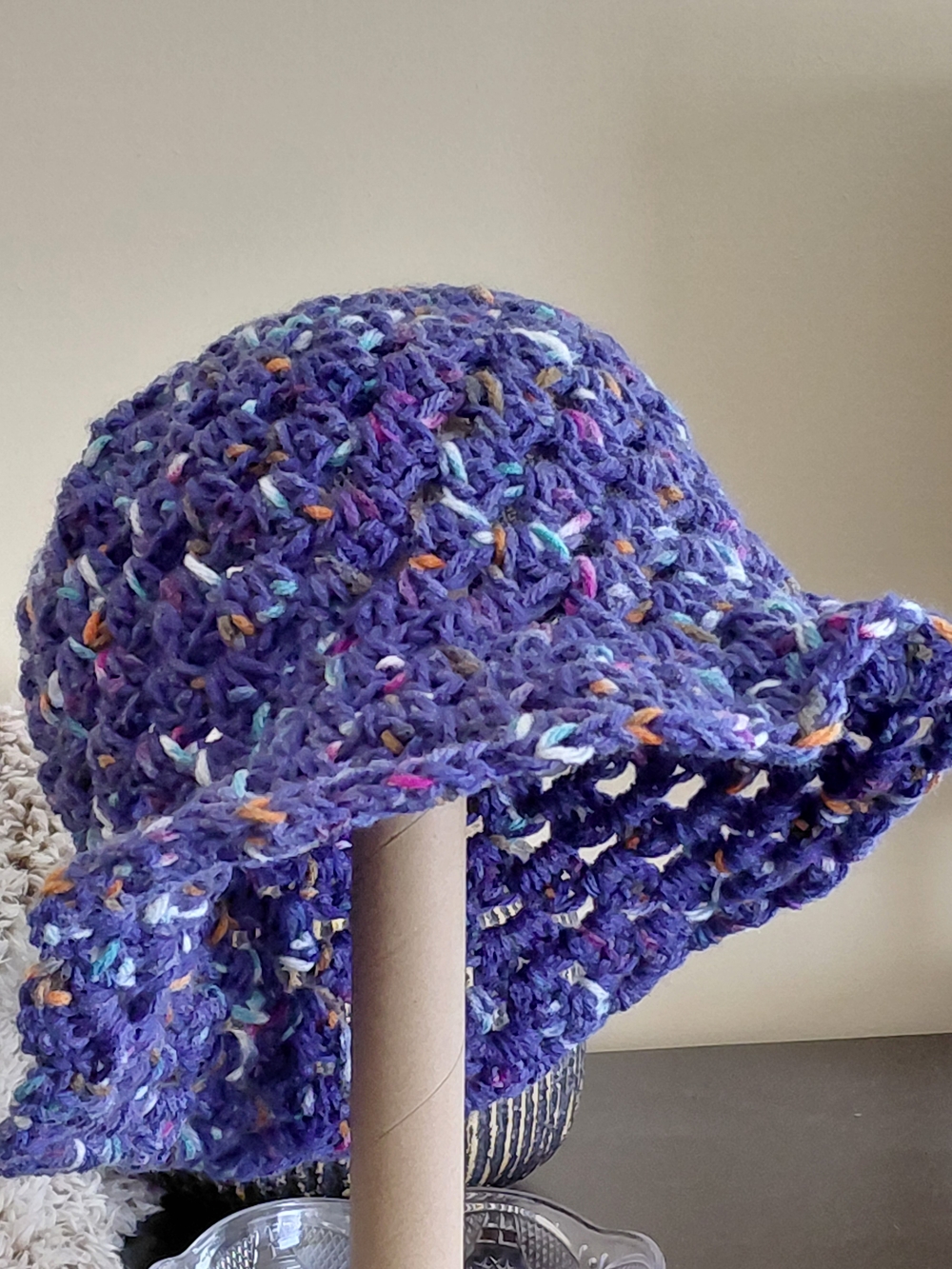Handmade Crocheted Purple Bucket Hat with Multicolor Flecks